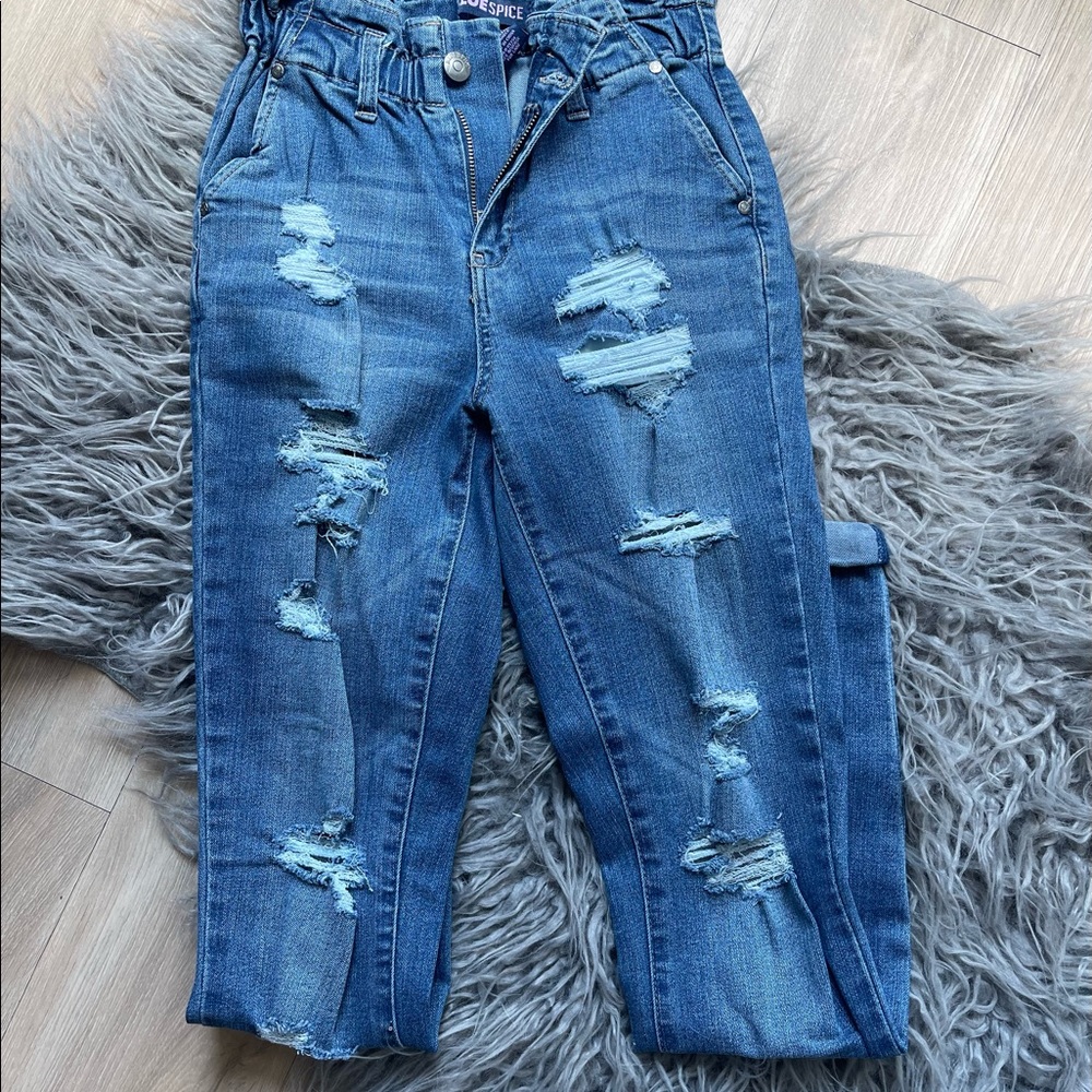 Blue spice distressed stretchy skinny jeans. Size:0